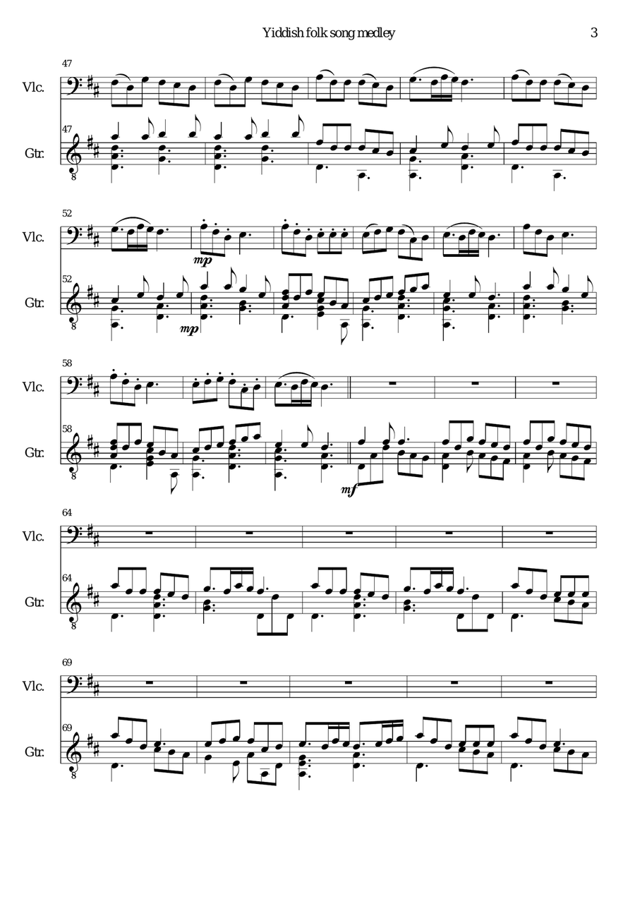 Yiddish Folk Song Medley for cello and guitar String Duet scores gallery preview page 3