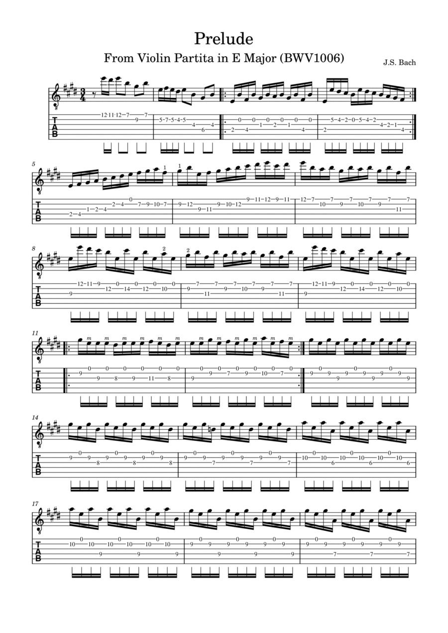 J.S. Bach: Prelude (Violin Partita in E Major BWV 1006) Adaptation for Electric Guitar Violin scores gallery preview page 1