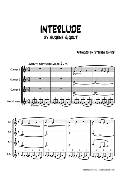 Interlude by Eugene Gigout for Clarinet Quartet. image number null