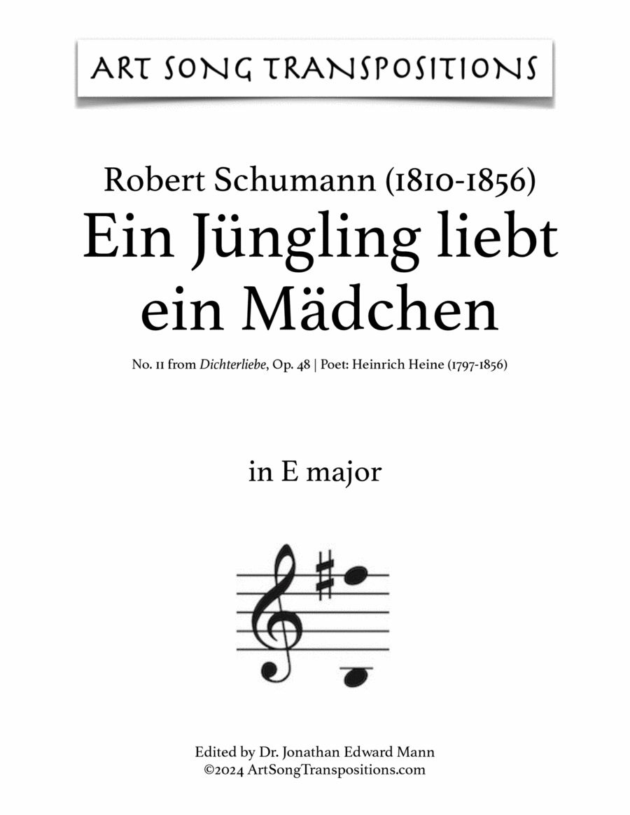 SCHUMANN: Ein Jüngling liebt ein Mädchen, Op. 48 no. 11 (transposed to E major) Voice scores gallery preview page 1