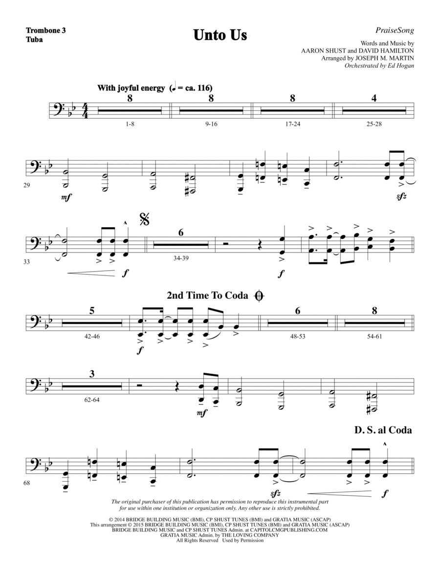 Unto Us - Trombone 3/Tuba Choir scores gallery preview page 1