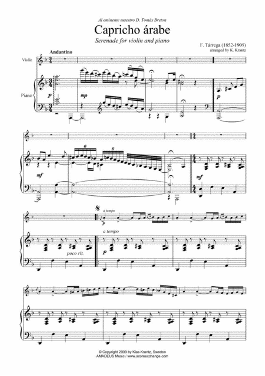 Capricho arabe/Capricho árabe for violin and piano Violin Solo scores gallery preview page 2