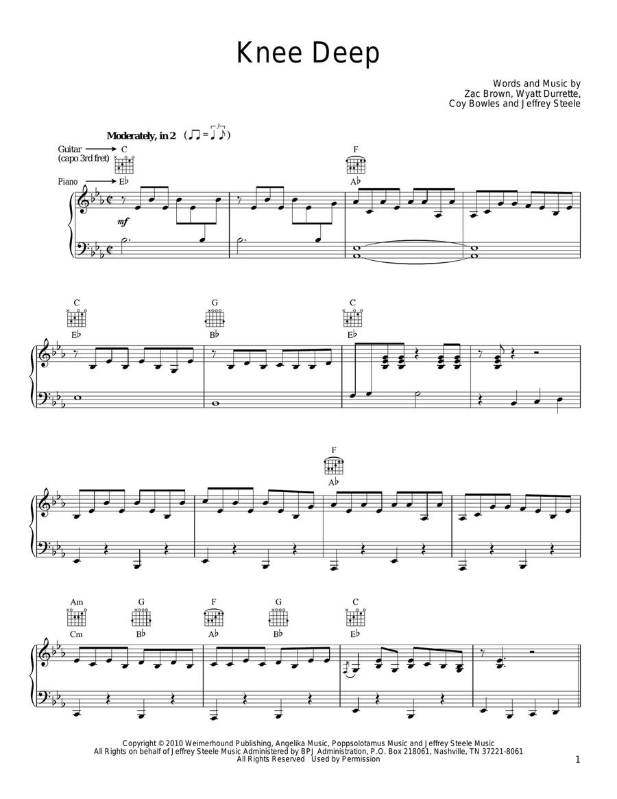 Knee Deep Piano, Vocal, Guitar scores gallery preview page 1