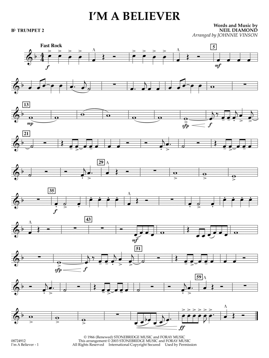 I'm a Believer (arr. Johnnie Vinson) - Bb Trumpet 2 Concert Band scores gallery preview page 1