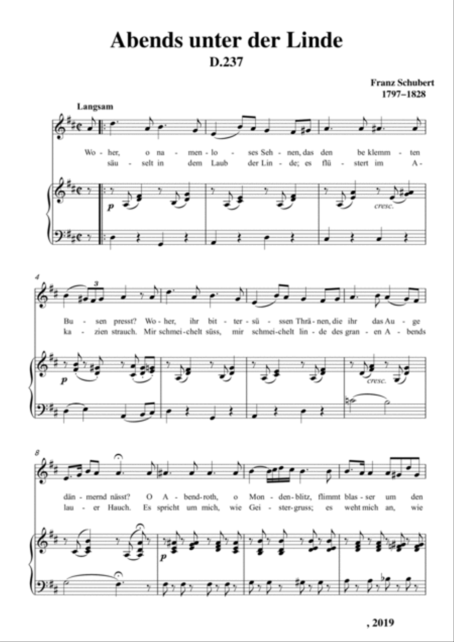 Schubert-Abends unter der Linde,D.237 in D for Vocal and Piano Voice scores gallery preview page 2
