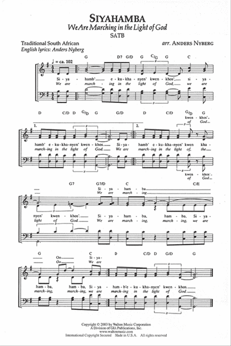 Siyahamba, Haleluya! Pelo Tsa Rona (We Are Marching in the Light of God, Halleluya! We Sing Your Praises) 4-Part scores gallery preview page 2