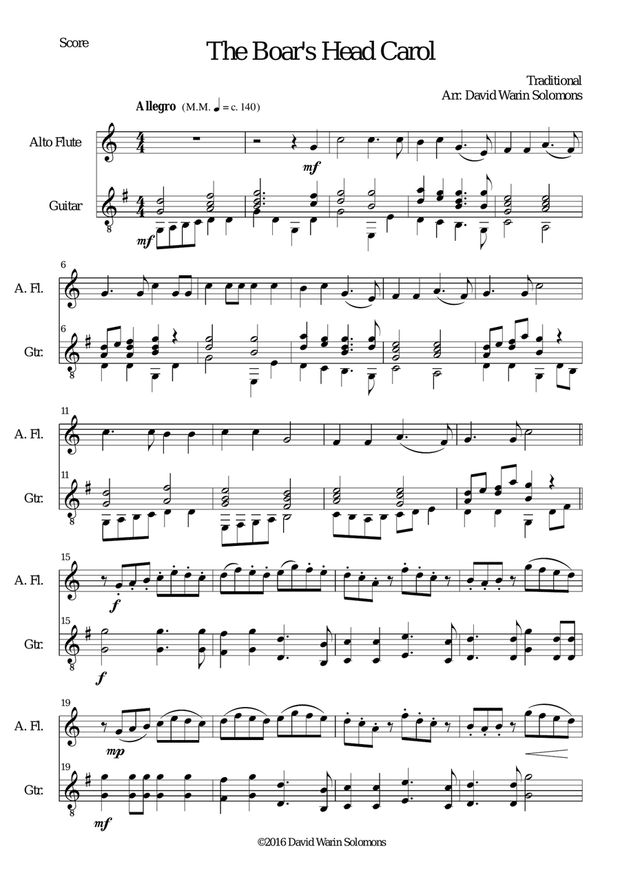 The Boar's Head Carol for alto flute and guitar Flute scores gallery preview page 1