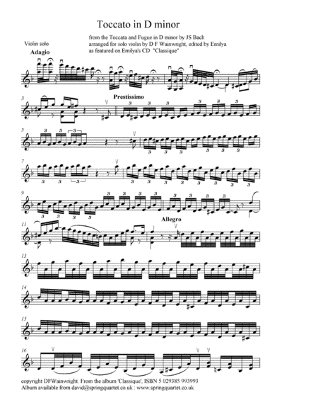 Toccata in D minor from the Bach Toccata & Fugue arranged for solo violin image number null