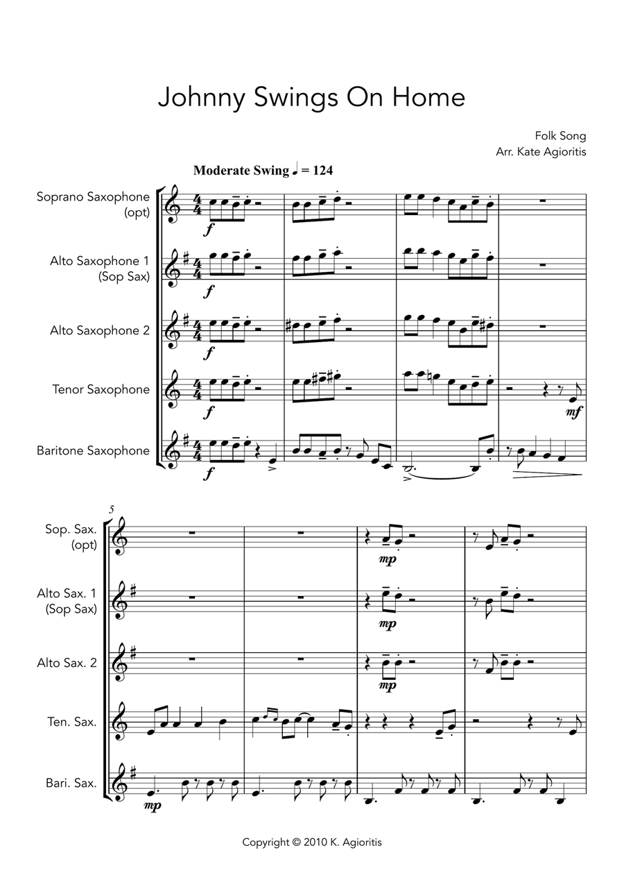 Johnny Swings On Home (When Johnny Comes Marching Home) - for Saxophone Quartet Saxophone Quartet scores gallery preview page 3