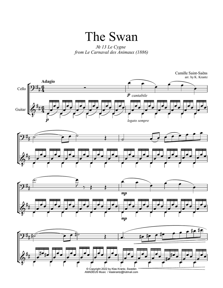 The Swan / Le cygne for cello and guitar (D major) String Duet scores gallery preview page 2