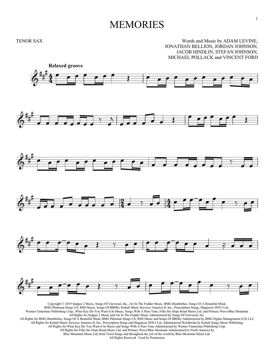 Memories Memories Tenor Saxophone scores gallery preview page 1