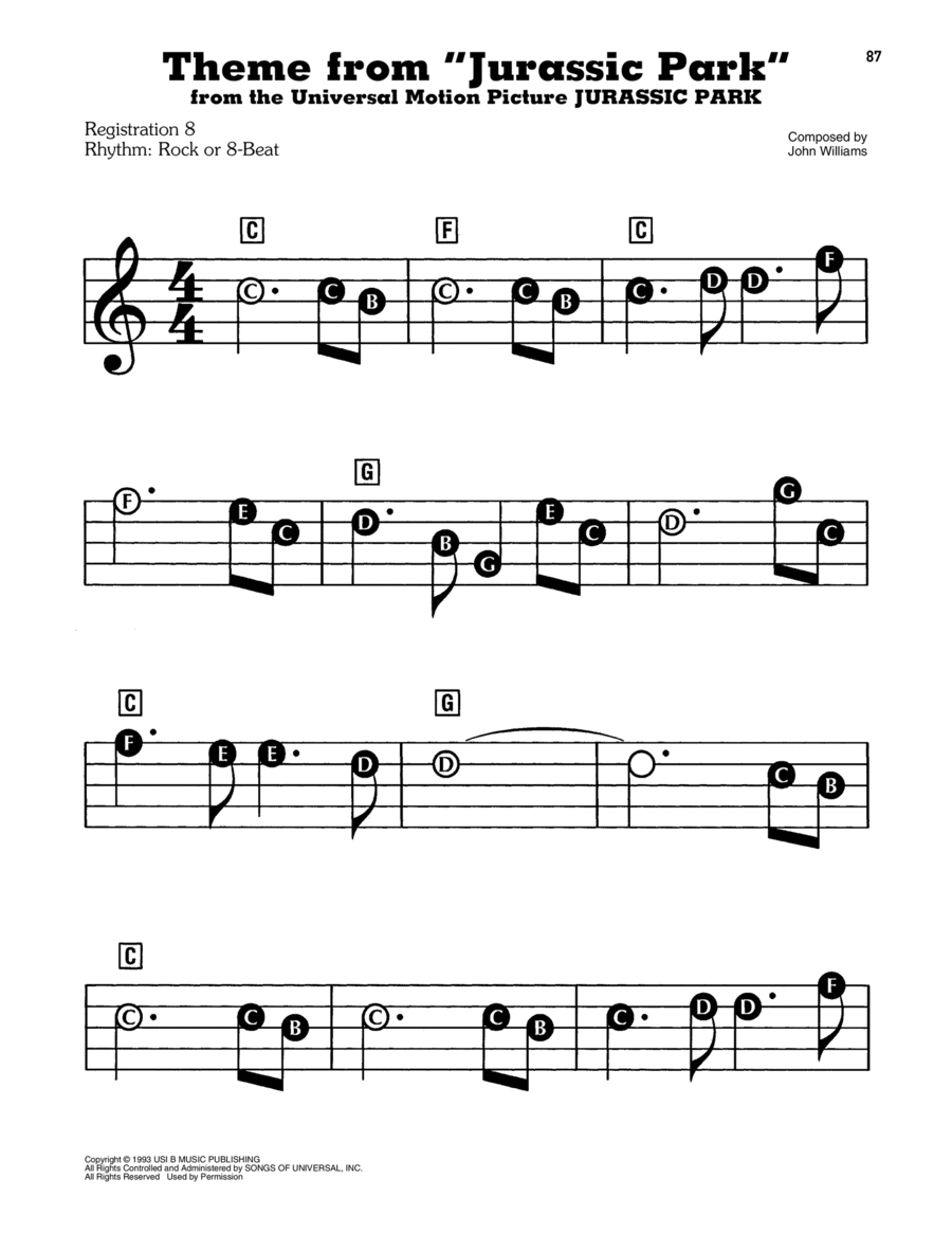 Theme From Jurassic Park Electronic Keyboard scores gallery preview page 1
