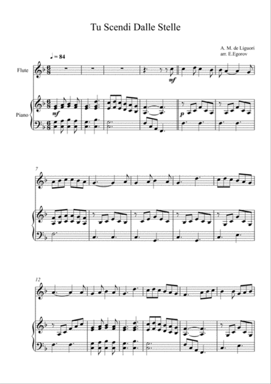 Tu Scendi Dalle Stelle, Alfons Maria de Liguori, For Flute & Piano Flute Solo scores gallery preview page 1