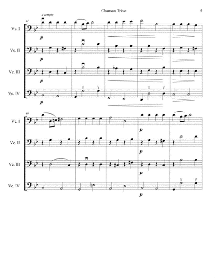 P.I.Tchaikovsky Chanson Triste Op.40 for cello quartet String Quartet scores gallery preview page 6