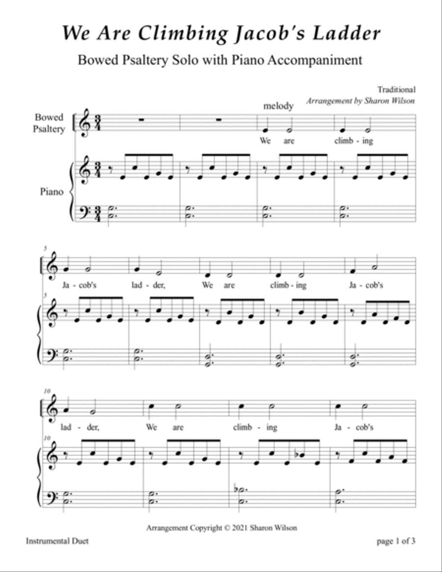 We Are Climbing Jacob’s Ladder (Easy Bowed Psaltery Solo with Piano Accompaniment) Zither scores gallery preview page 3