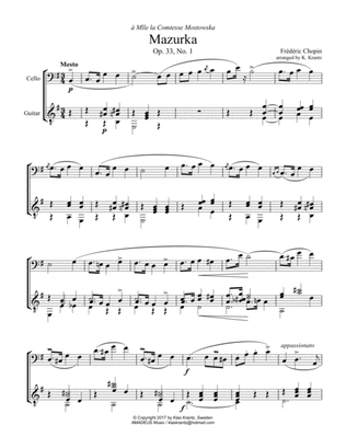 Mazurka, Mesto Op. 33, No 1 for cello and guitar