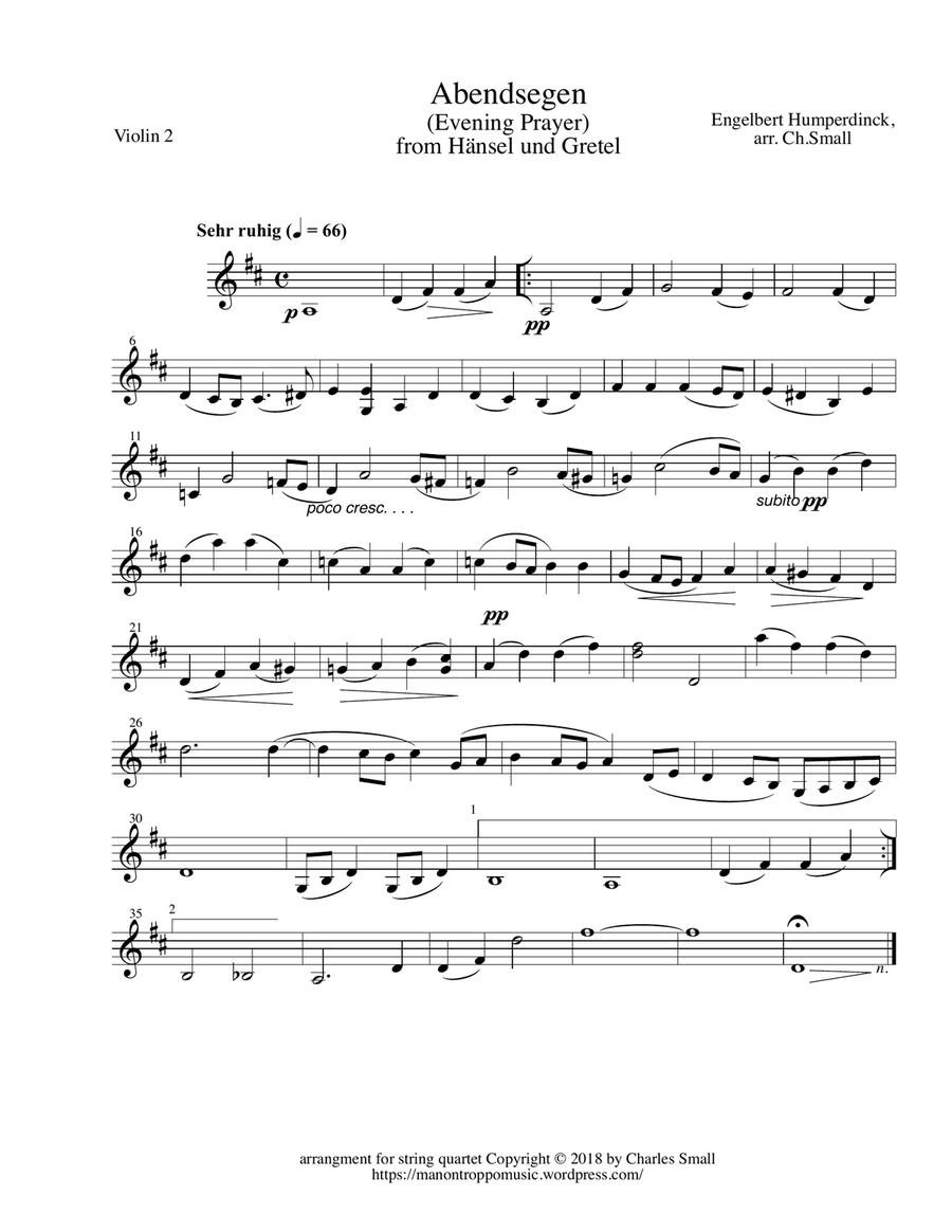 Evening Prayer - from Hänsel und Gretel - set of parts String Quartet scores gallery preview page 2