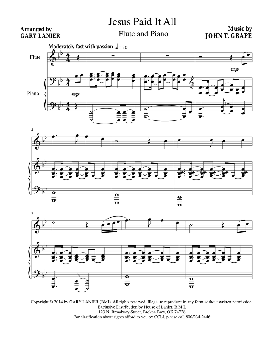JESUS PAID IT ALL (Flute and Piano with Flt Part) Flute scores gallery preview page 1