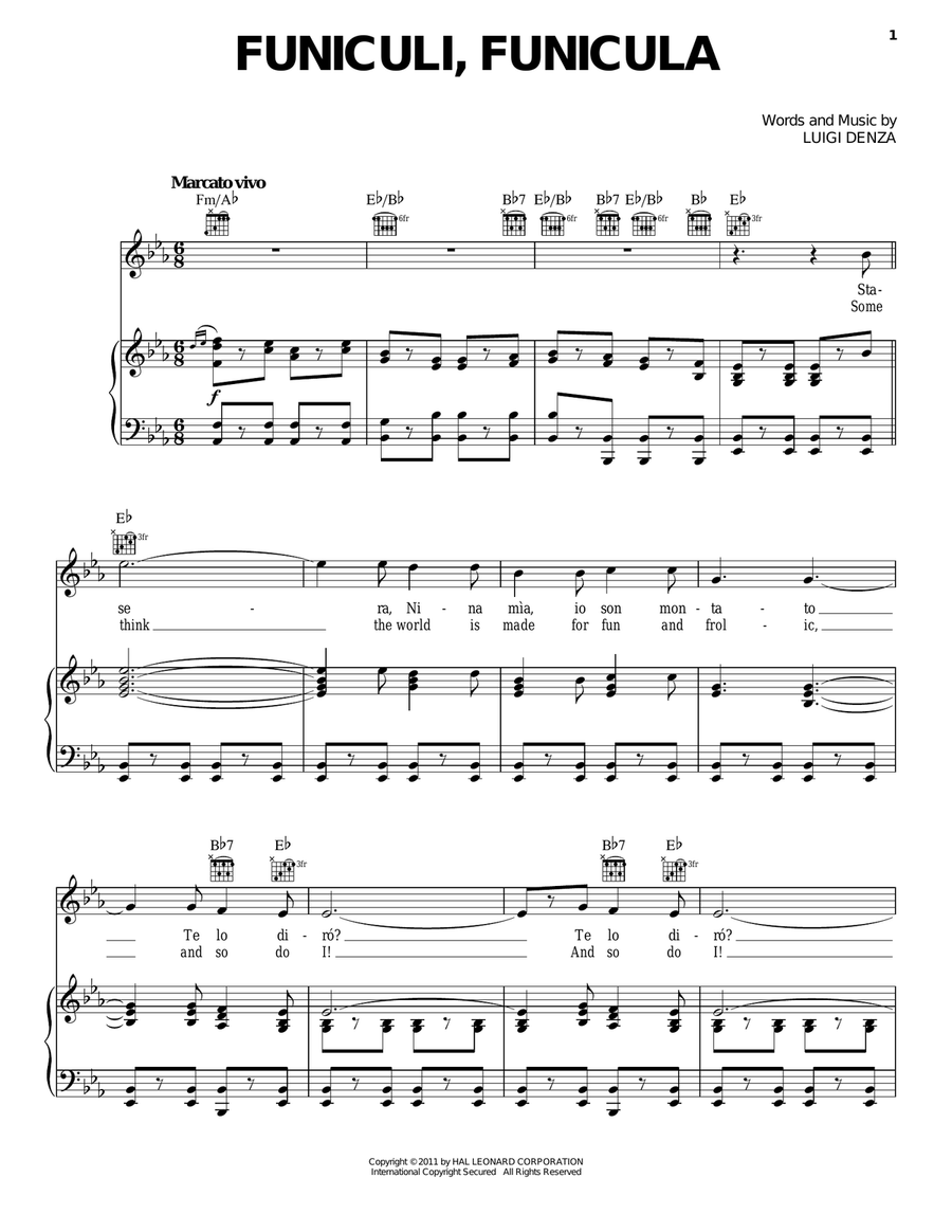 Funiculi Funicula Piano, Vocal, Guitar scores gallery preview page 1