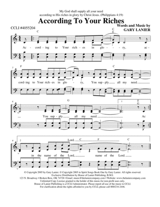 ACCORDING TO YOUR RICHES, Worship Hymn Sheet (Includes Melody, Lyrics, 4 Part Harmony & Chords)
