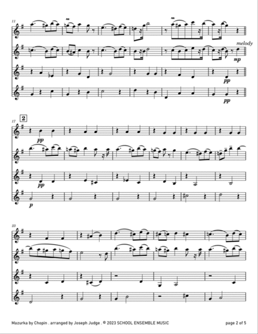 Mazurka by Chopin for Clarinet Quartet in School Clarinet Quartet scores gallery preview page 2