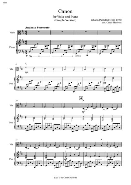 Pachelbel's Canon for Viola and Piano - Simple Version (Full Score) image number null