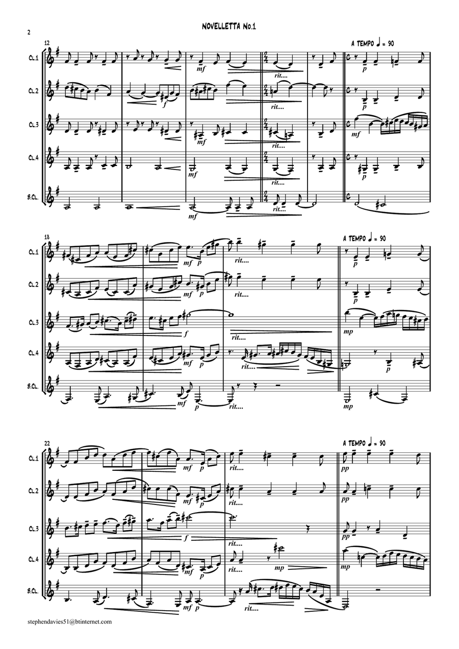 'Novelletta No.1' By Alfredo d'Ambrosio for Clarinet Quintet Clarinet Quintet scores gallery preview page 2