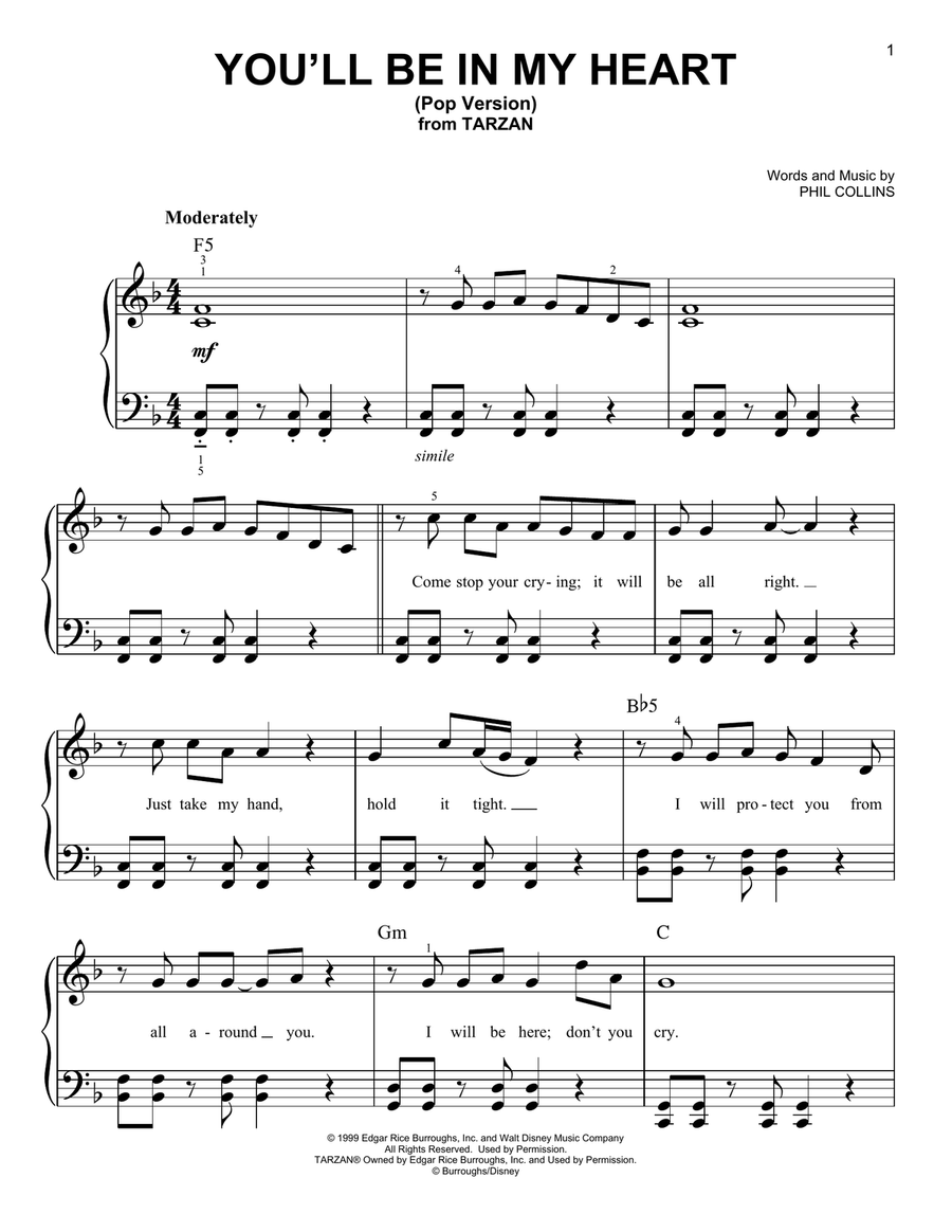 You'll Be In My Heart (Pop Version) (from Tarzan) Easy Piano scores gallery preview page 1