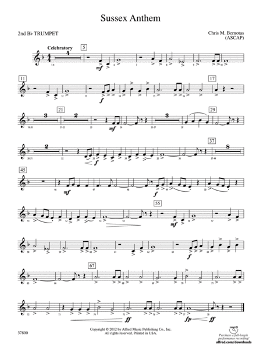 Sussex Anthem: 2nd B-flat Trumpet Concert Band scores gallery preview page 1