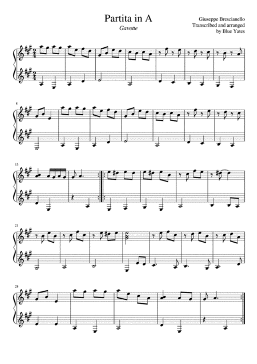 Partita in A - Gavotte (Giuseppe Brescianello) Classical Guitar scores gallery preview page 1