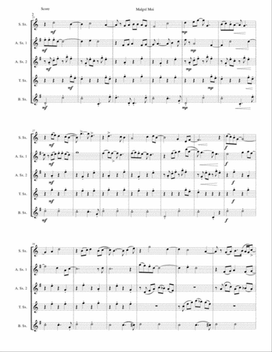 Malgré Moi (Against my will) for saxophone quintet Saxophone Quintet scores gallery preview page 2