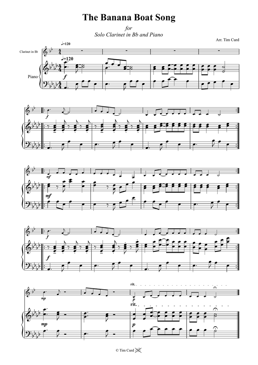 The Banana Boat Song. For Solo Clarinet in Bb and Piano B-Flat Clarinet scores gallery preview page 2