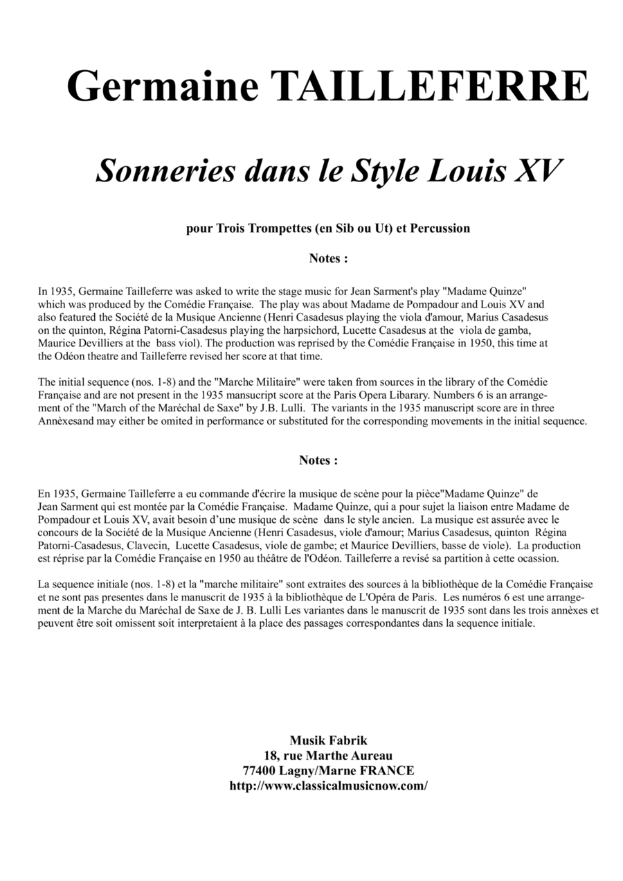 Germaine Tailleferre : Sonneries dans le Style Louis XV Chamber Music scores gallery preview page 1