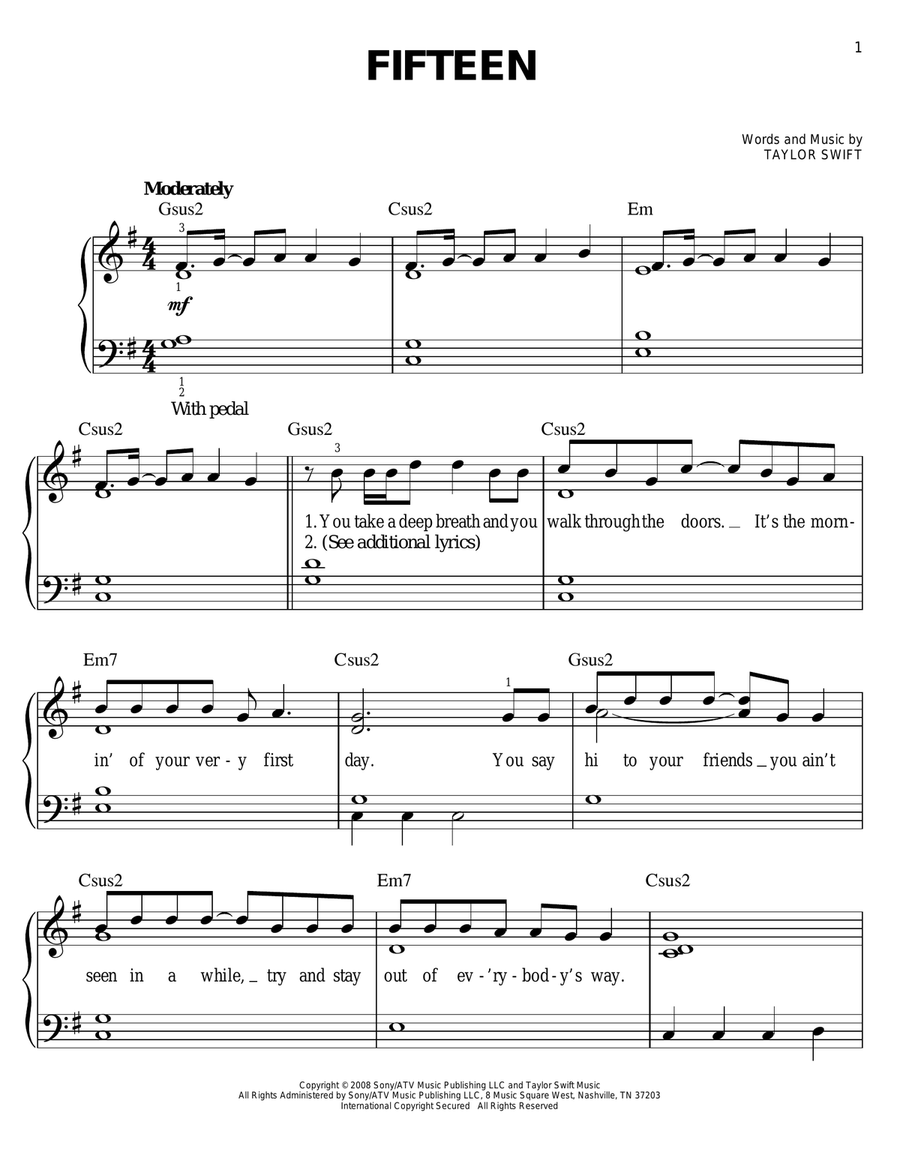 Fifteen Fifteen Easy Piano scores gallery preview page 1