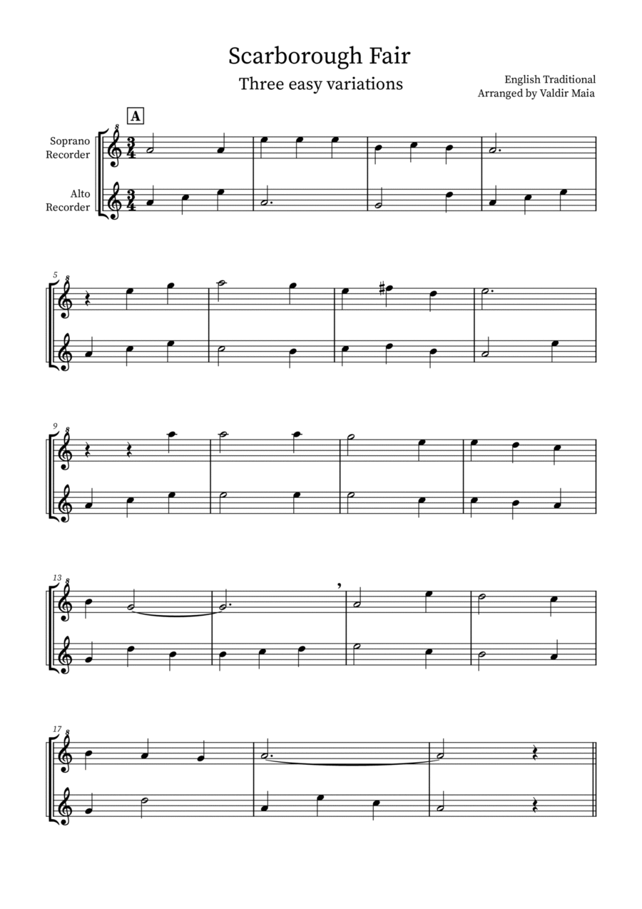 Scarborough Fair - 3 easy variations Woodwind Duet scores gallery preview page 1