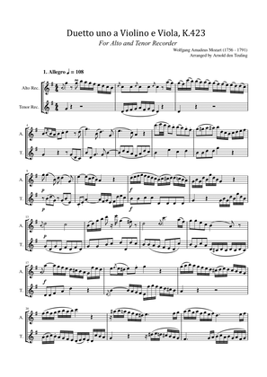 Mozart - Duo for Violin and Viola K.423 - For Alto and Tenor Recorder Original - Arr by Teuling