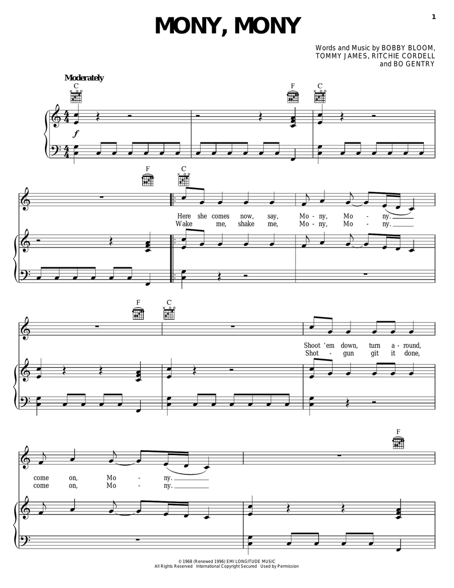 Mony, Mony Piano, Vocal, Guitar scores gallery preview page 1