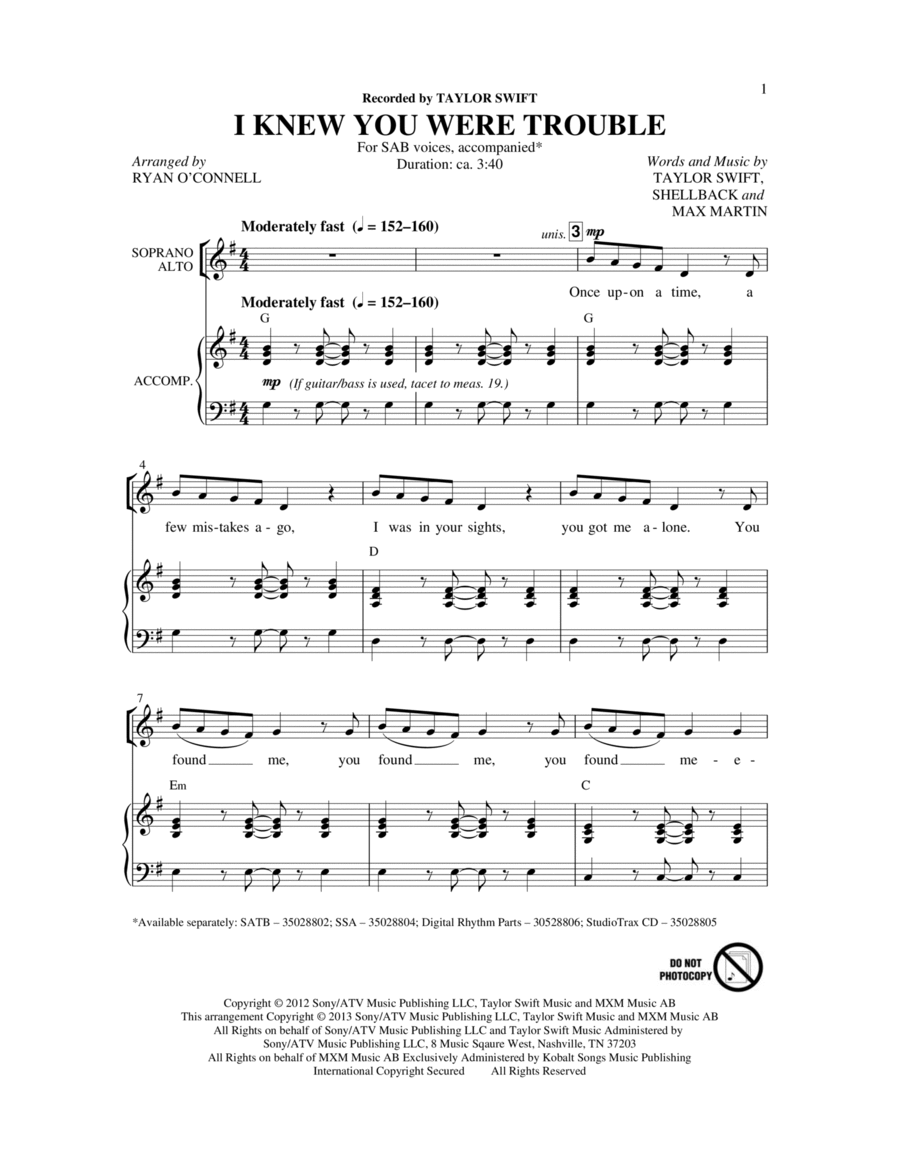 I Knew You Were Trouble. I Knew You Were Trouble. 3-Part scores gallery preview page 1