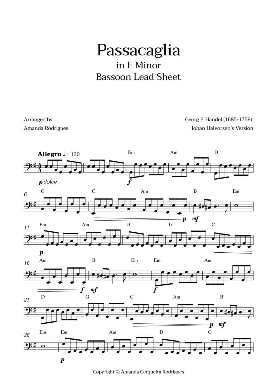Passacaglia - Easy Fagote Lead Sheet in Em Minor (Johan Halvorsen's Version) Bassoon scores gallery preview page 1