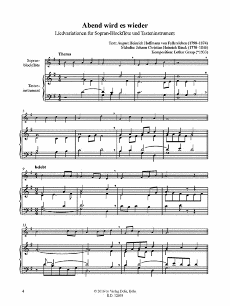 Goldne Abendsonne -Drei Liedvariationen über Abendlieder für Sopranblockflöte und Tasten­instrument-