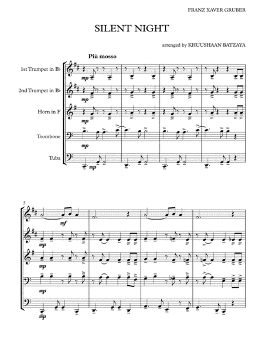 Franz Xaver Gruber. SILENT NIGHT -brass quintet- arrenged by KHUUSHAAN BATZAYA Brass Quintet scores gallery preview page 1