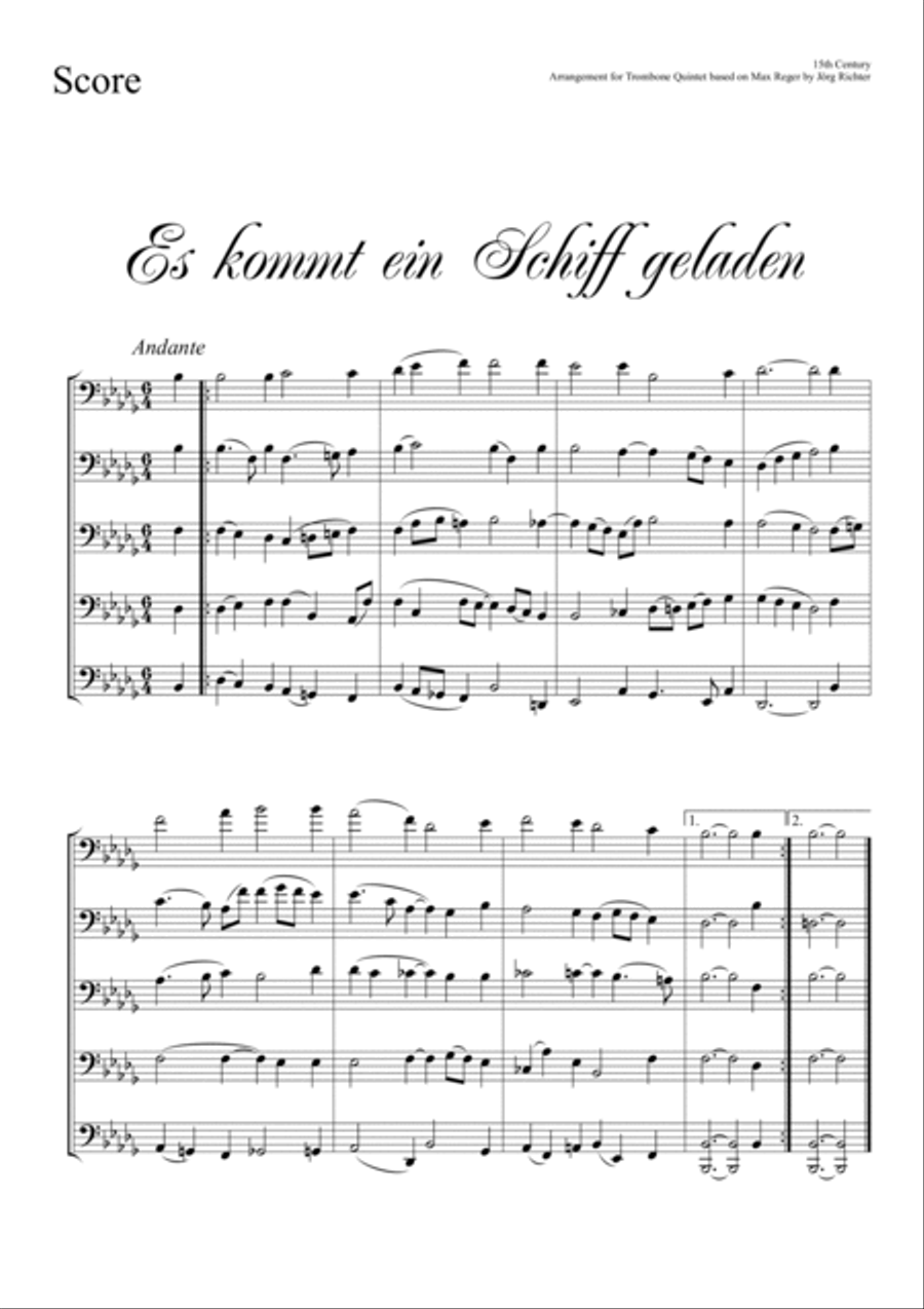 A ship is coming laden (Es kommt ein Schiff geladen) for Trombone Quintet Brass Quintet scores gallery preview page 2