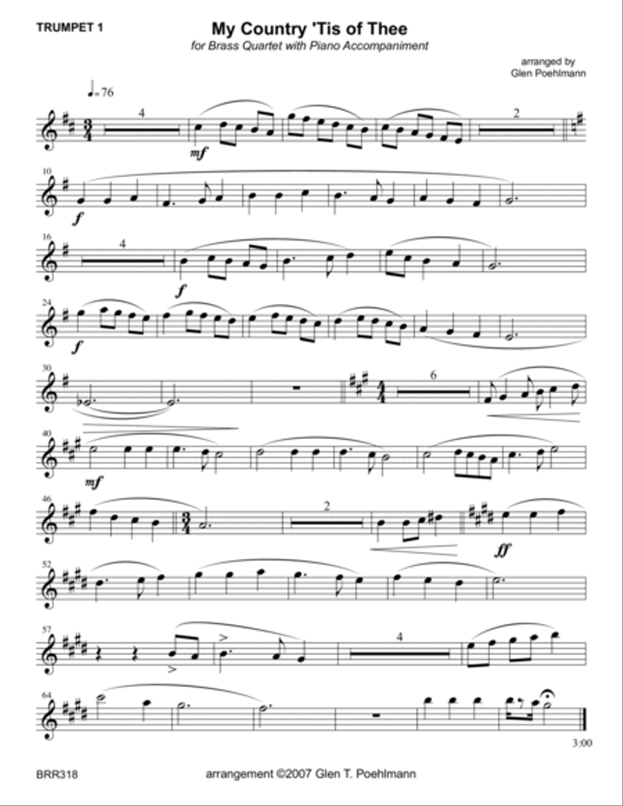 MY COUNTRY TIS OF THEE - BRASS QUARTET with Piano accompaniment Brass Quartet scores gallery preview page 6