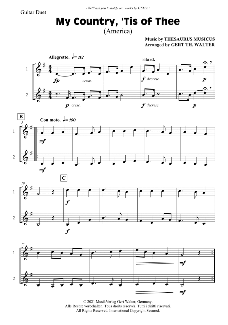 My Country, 'Tis Of Thee (America) Guitar scores gallery preview page 1