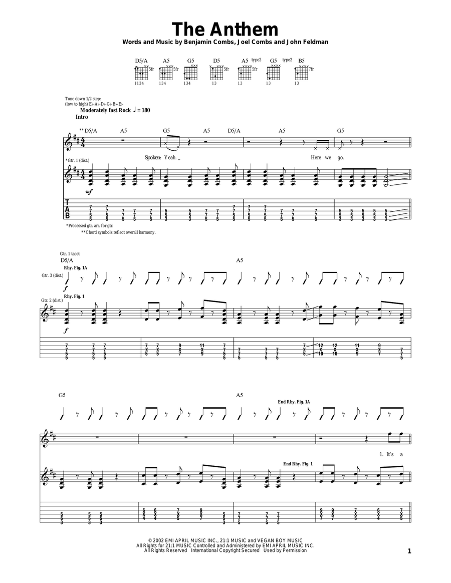 The Anthem Guitar Tablature scores gallery preview page 1