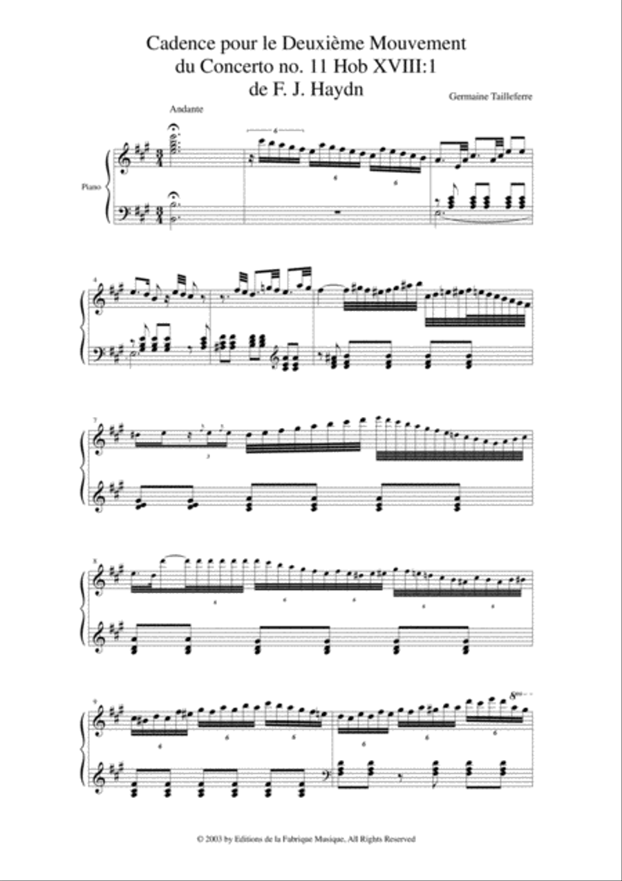 Germaine Tailleferre: Cadences for the Concerto no. 11 Hob. XVIII:1 by F. J. Haydn and the Concerto Piano Solo scores gallery preview page 2