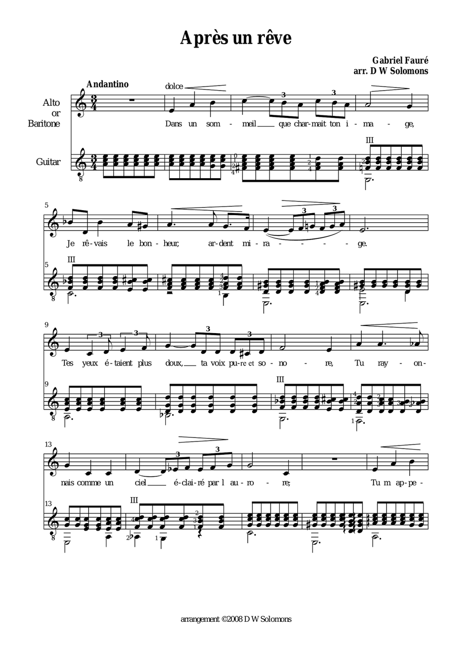 Après un rêve (low voice and classical guitar) Piano, Vocal scores gallery preview page 1