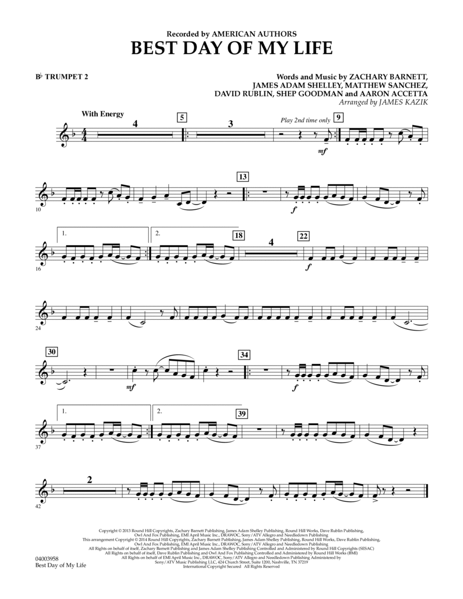 Best Day of My Life - Bb Trumpet 2 Concert Band scores gallery preview page 1
