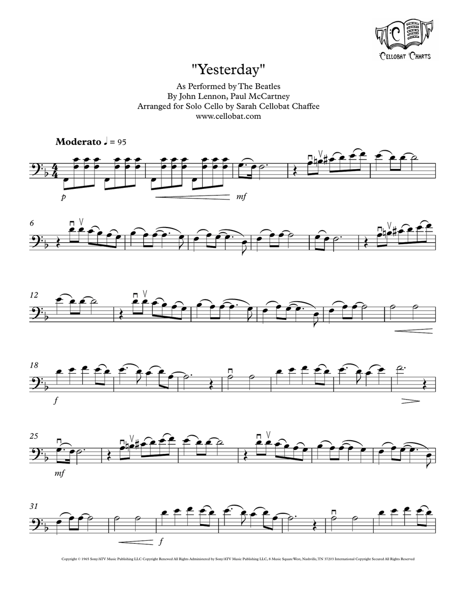 Yesterday Cello Solo scores gallery preview page 1
