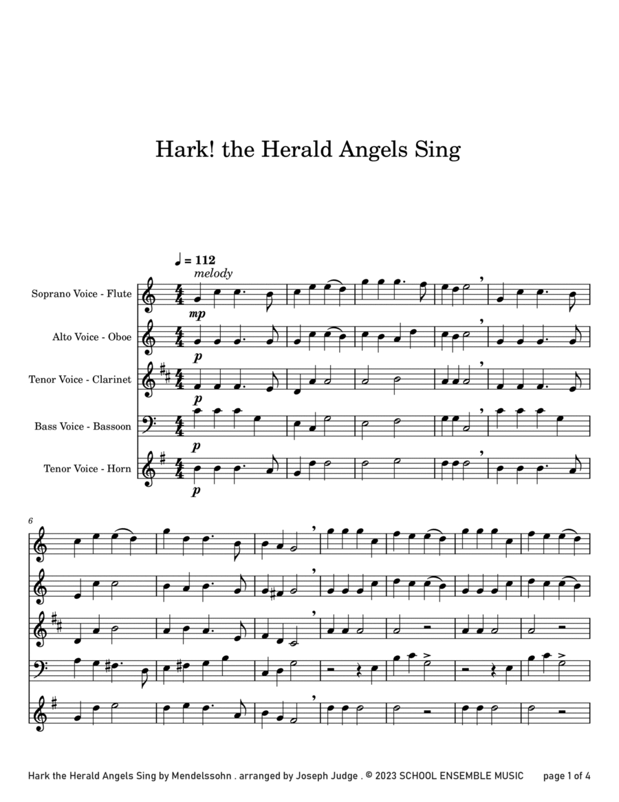 Hark The Herald Angels Sing for Woodwind Quartet in Schools Woodwind Quartet scores gallery preview page 1